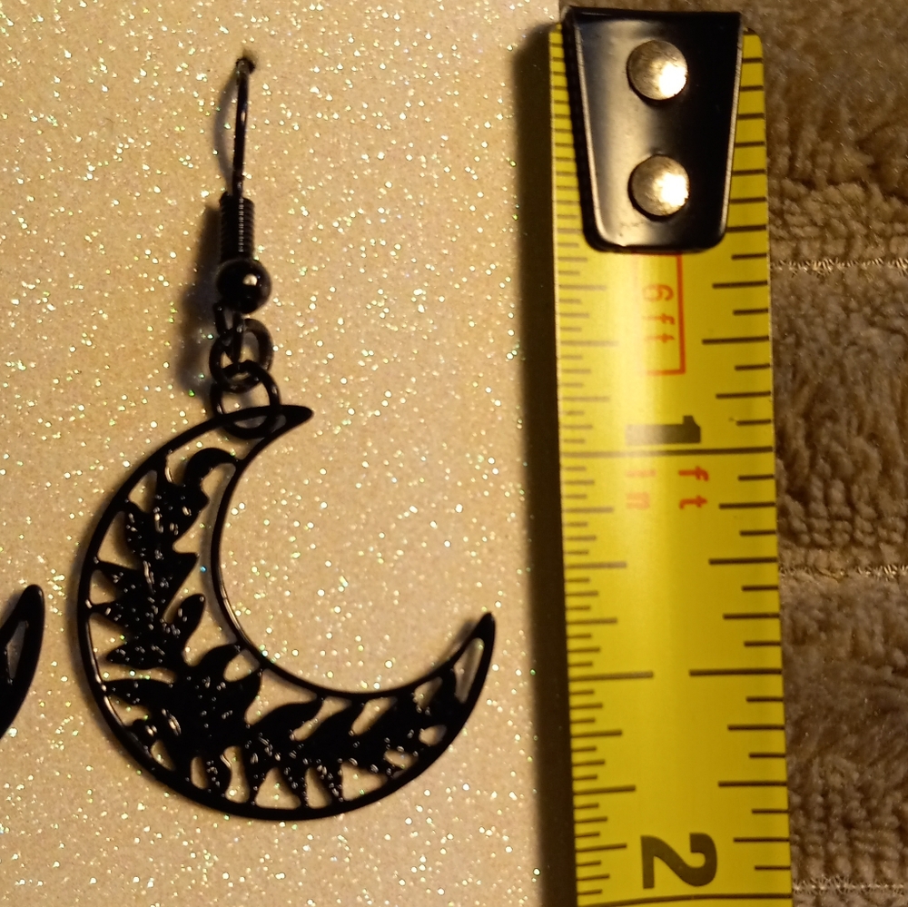 Handcrafted Pretty Black Moon Pierced Dangle Earrings - Picture 4 of 4